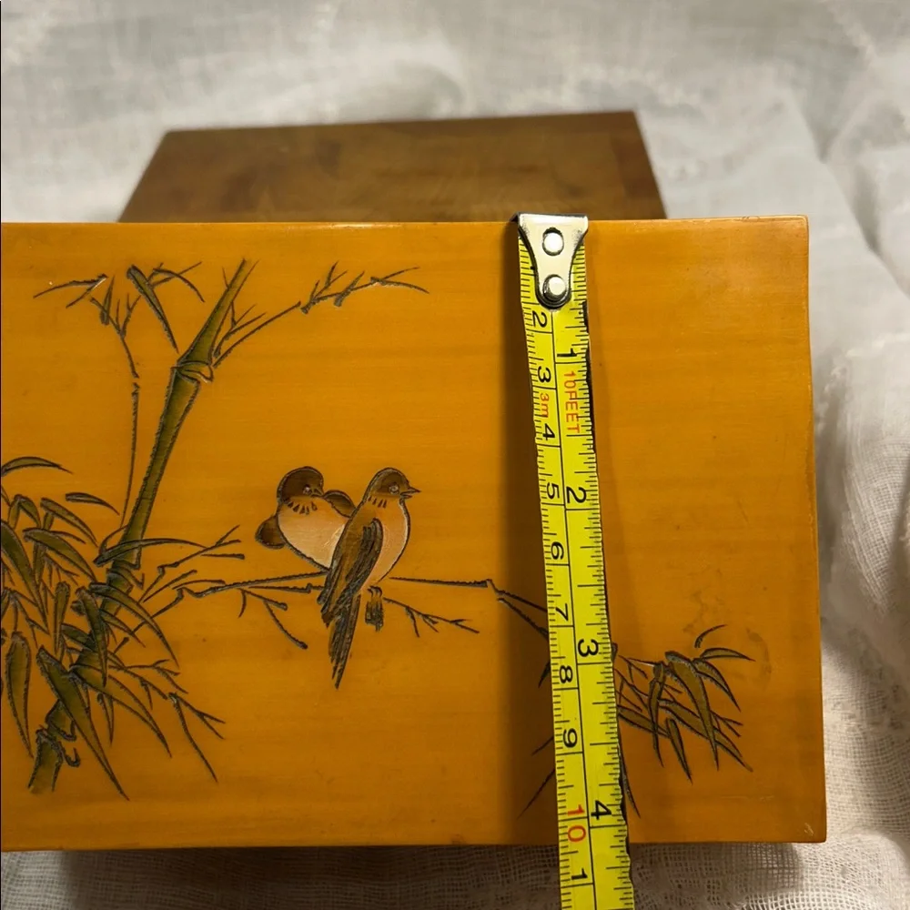 Vintage Jewelry wooden box with bamboo and birds hand painted